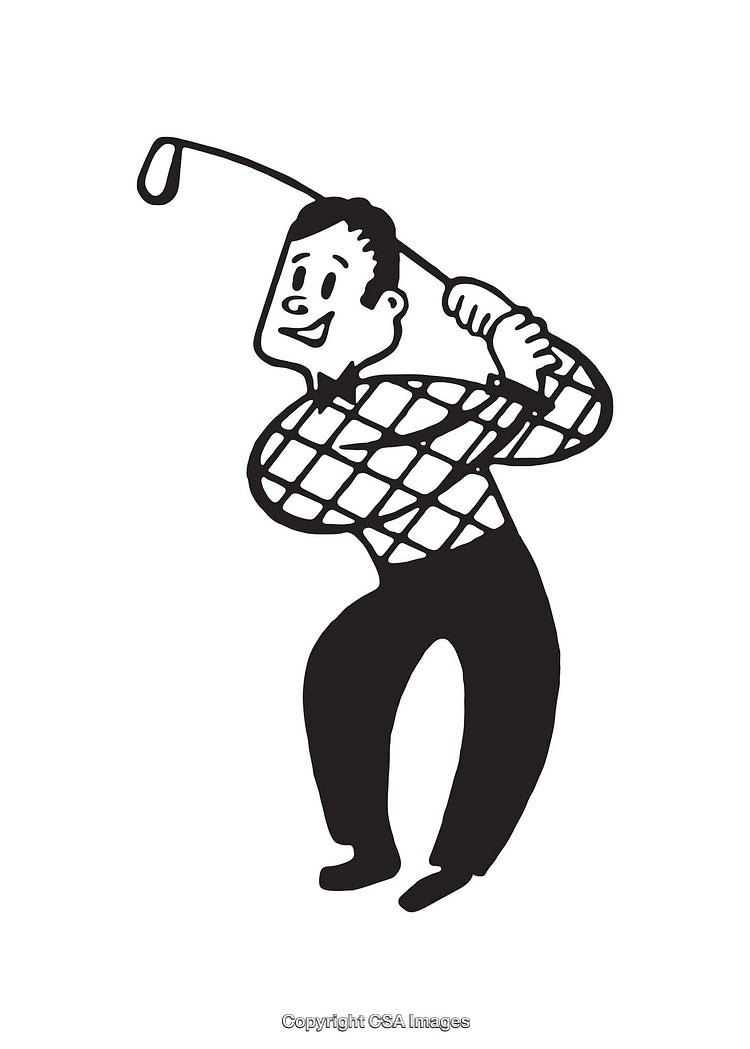 Retro Black and White Illustration of a Happy Golf Swing
