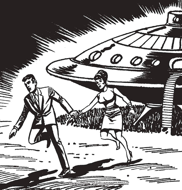 Retro Illustration of Two People Escaping Unidentified Flying Object Scene