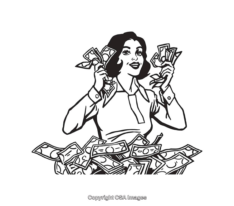Woman Cheerfully Holding a Bundle of Money in a Line Art Illustration