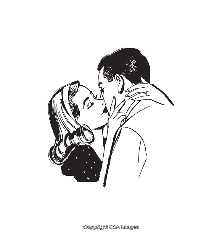 Black and White Line Art of Couple's Romantic Kiss