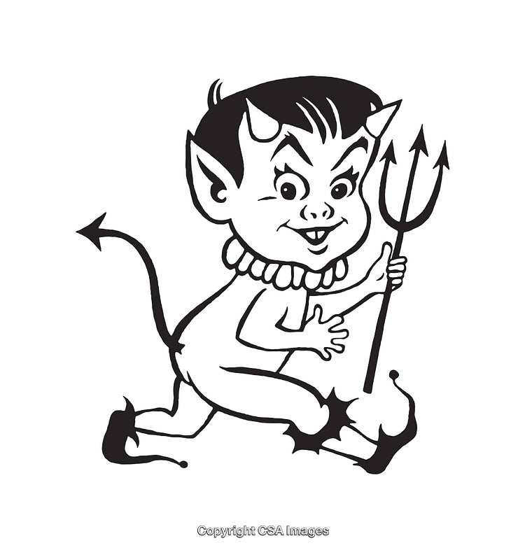 Playful Cartoon Devil Character Holding a Trident in Line Art Style