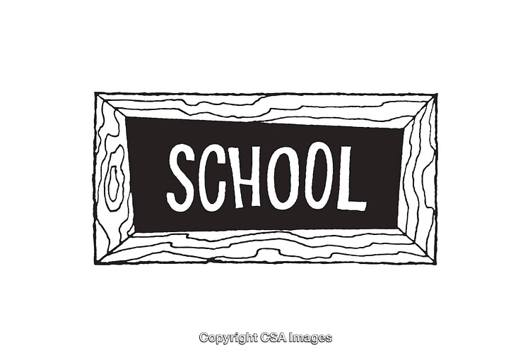 Black and White Hand-Drawn Illustration of a Rustic School Sign