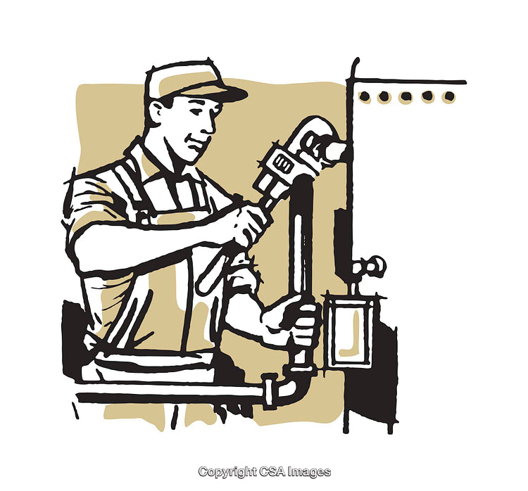 Color Illustration of a Plumber Using a Wrench to Fix a Pipe