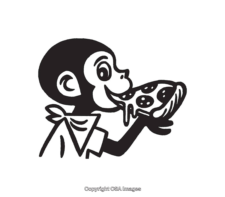 Playful Monkey Eating a Slice of Melty Cheese Pizza Illustration