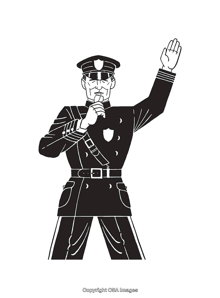 Black and White Illustration of a Traffic Officer Whistling and Directing