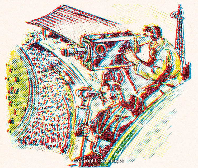 Vintage Illustration of Cameramen Filming an Event at a Stadium