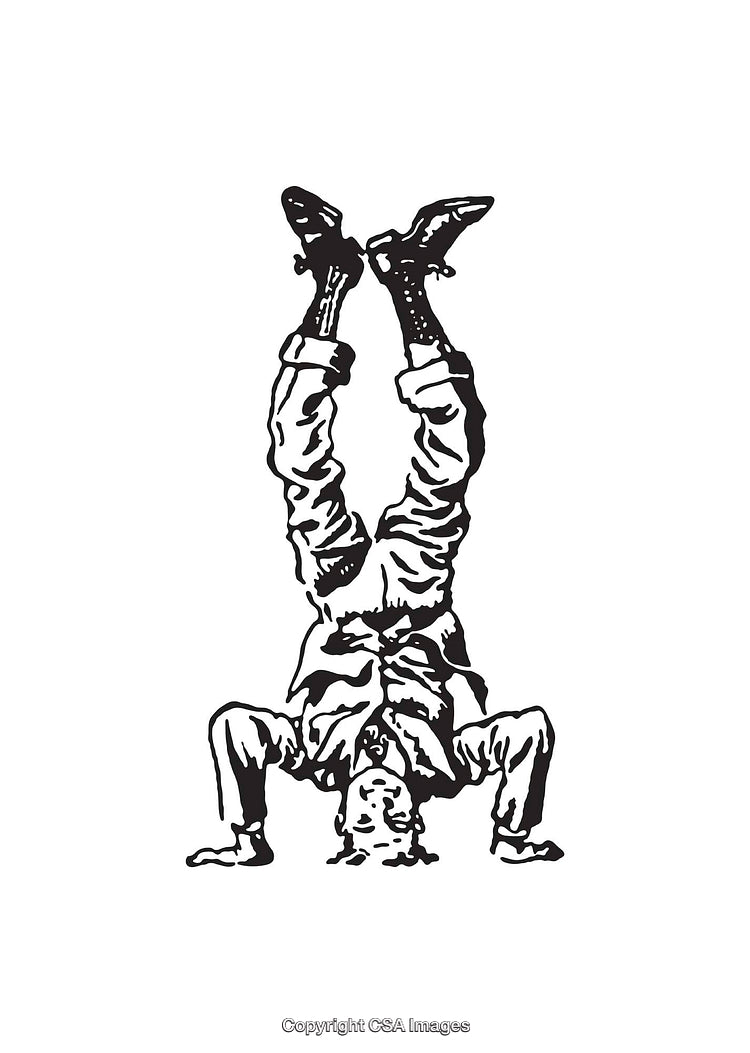 Vintage Black And White Cartoon of A Child Performing A Headstand