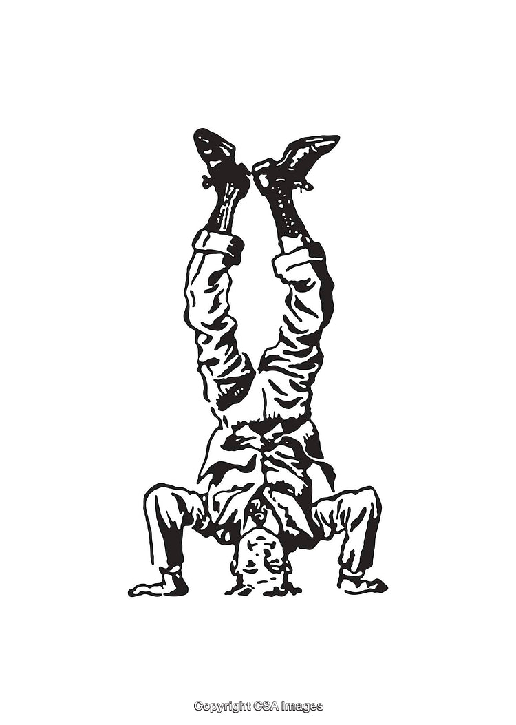Vintage Black And White Cartoon of A Child Performing A Headstand