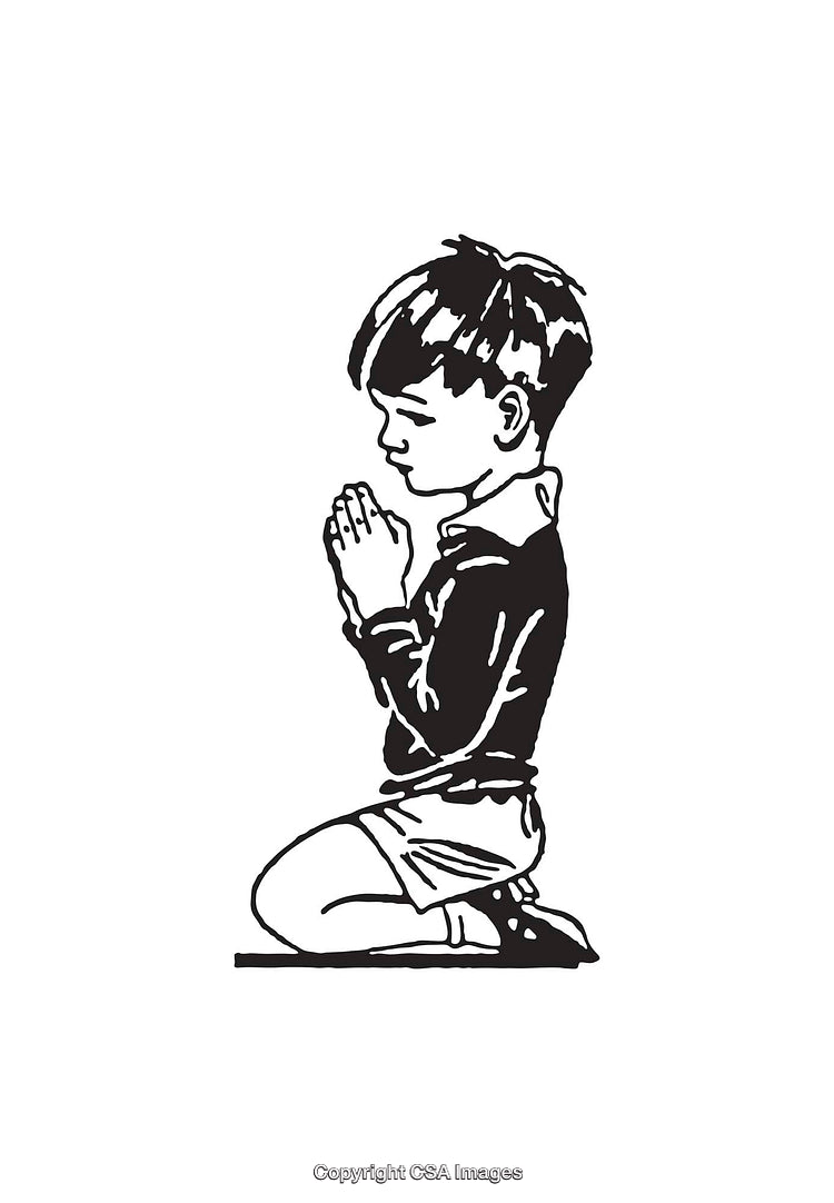 Black and White Line Art of a Child Kneeling in Prayer