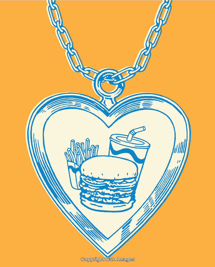 Heart-Shaped Pendant Featuring Fast Food in Retro Color Line Art Illustration