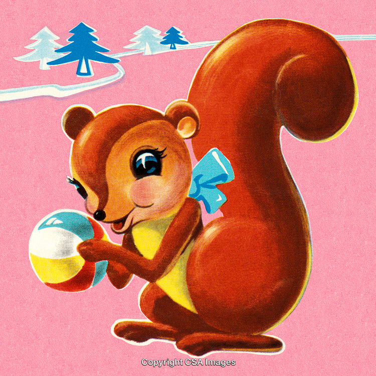 Adorable Squirrel Mascot Holding a Ball in a Winter Fantasy Setting