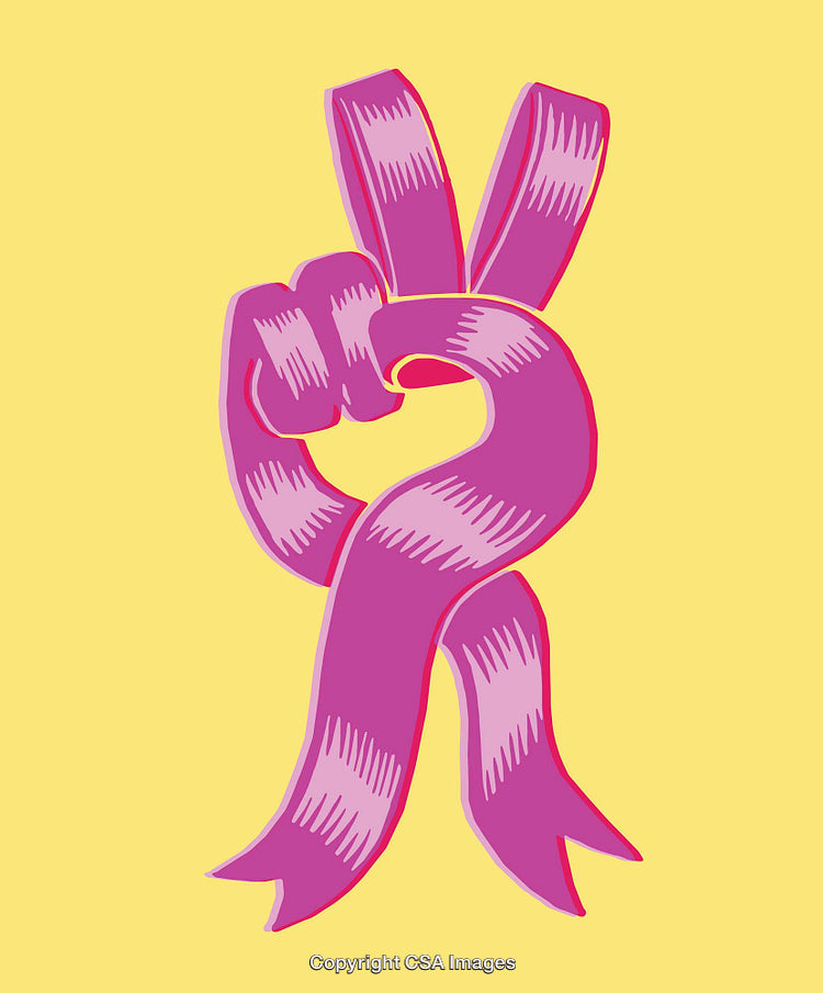 Pink Symbol Featuring Peace Gesture With Ribbon Design On Yellow Background
