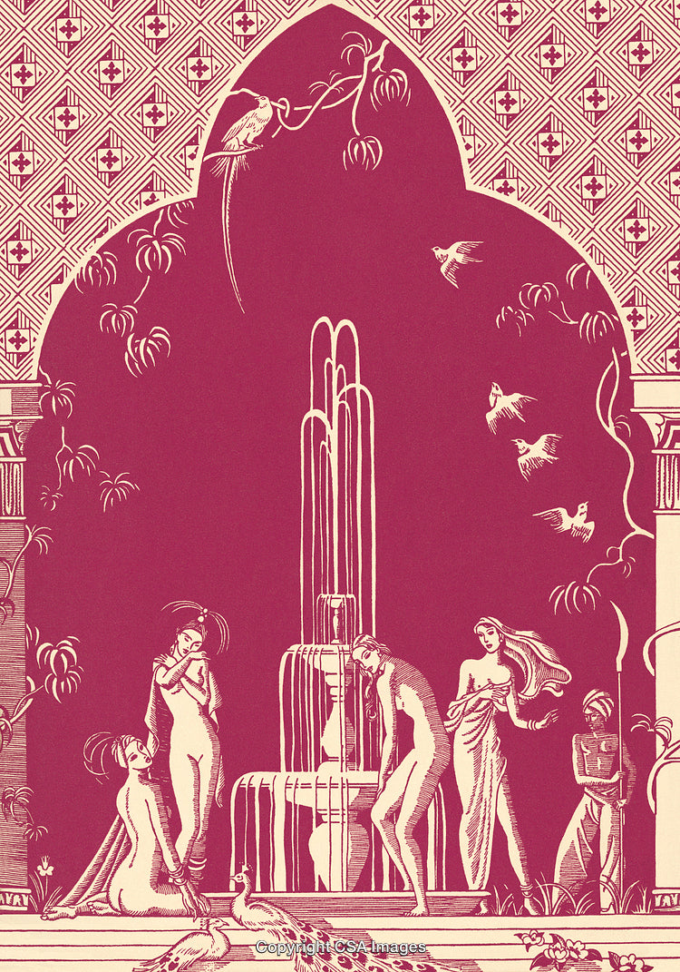 Intricate Vintage Artwork Depicting Elegant Figures in a Scenic Garden Setting