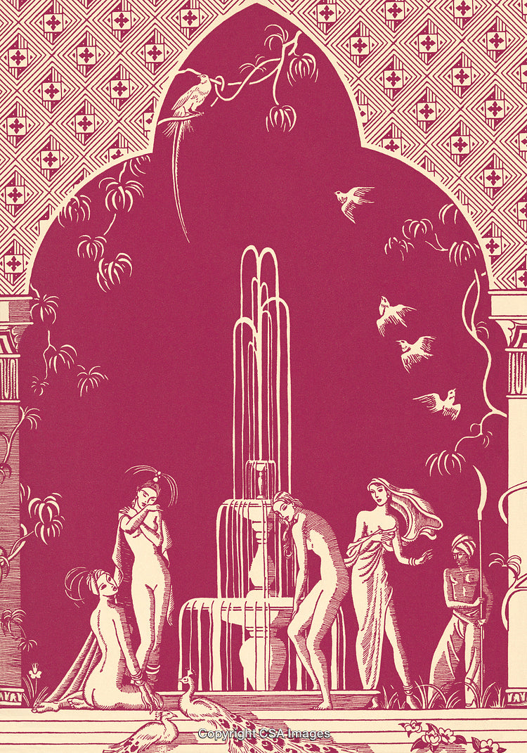 Intricate Vintage Artwork Depicting Elegant Figures in a Scenic Garden Setting