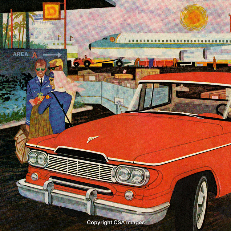 Retro Travel Scene with Red Car and Airport Setting