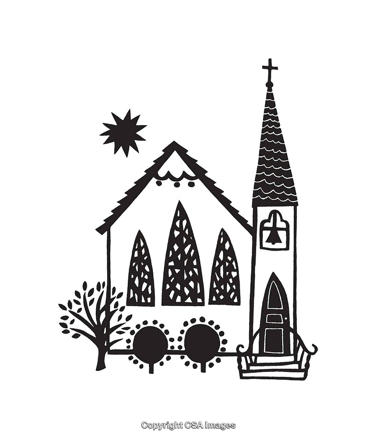 Illustrated Church Scene with Unique Line Art Style and Decorative Elements