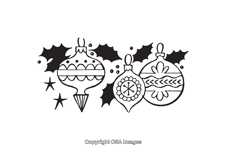 Black And White Line Art of Christmas Ornaments With Seasonal Decorations