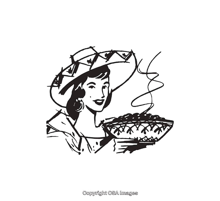 Retro Line Art Illustration of Woman Serving Warm Food in Traditional Attire