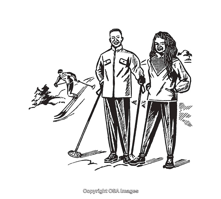 Black And White Line Art of People Skiing and Enjoying Winter Outdoors