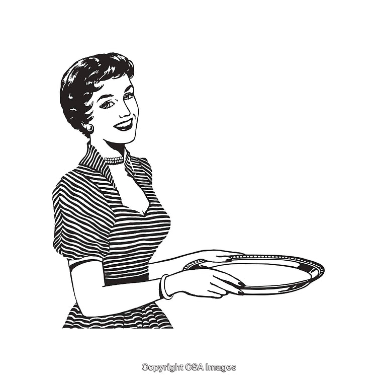 Vintage Illustration of Smiling Woman Holding a Plate in Line Art Style