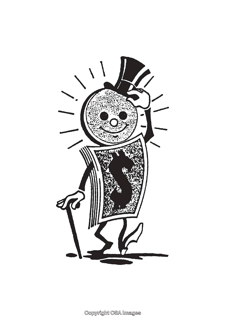 Retro Black and White Illustration of a Dollar Character in a Top Hat