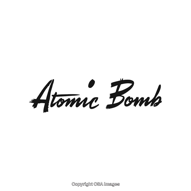 Graphic Style Black Handwritten Text Spelling Atomic Bomb on White Background