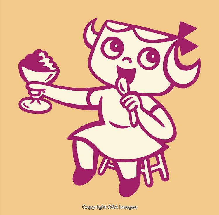 Cute Line Art Illustration of a Happy Girl Eating Ice Cream Dessert