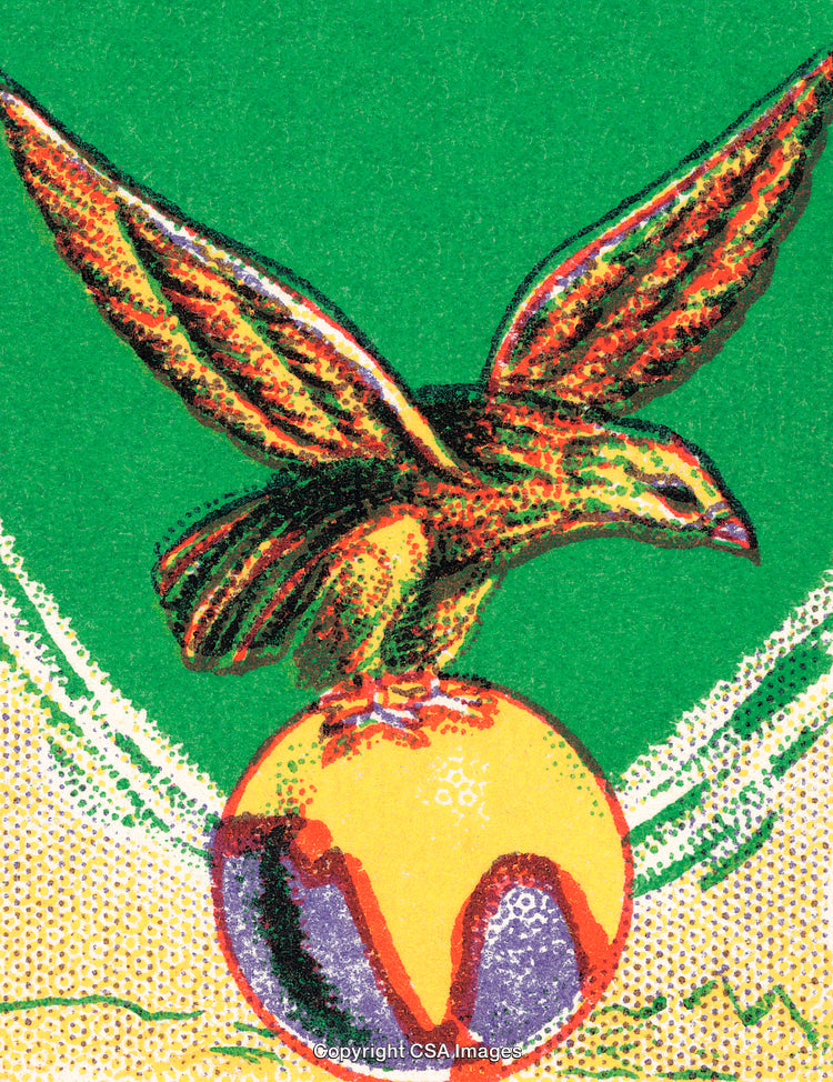 Vibrant Illustration of an Eagle Standing on a Colorful Orb