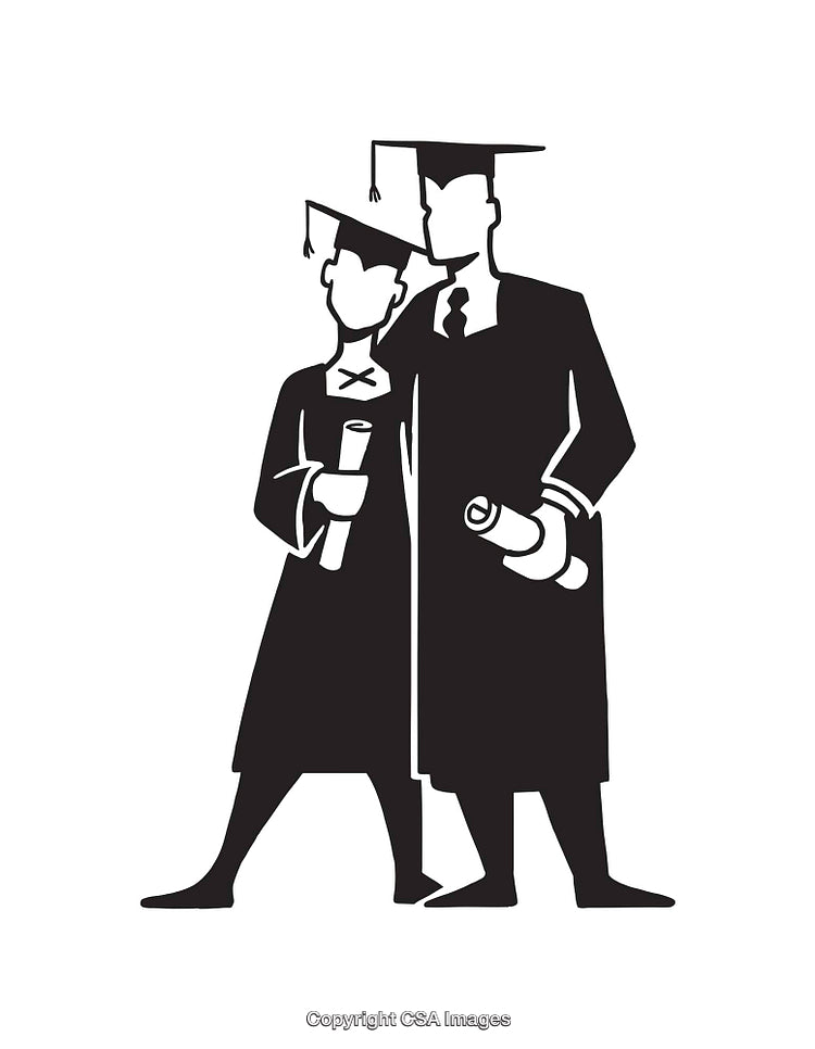 Black and White Line Art Illustration of Graduates in Academic Gowns