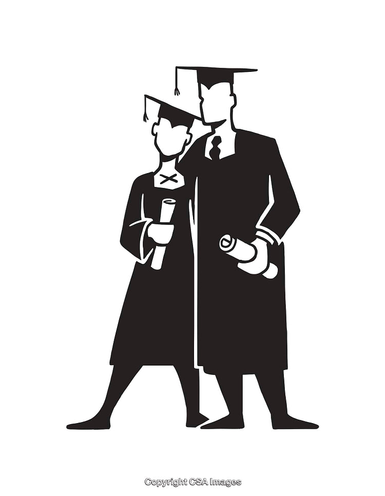 Black and White Line Art Illustration of Graduates in Academic Gowns