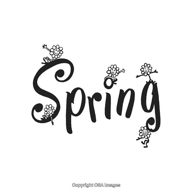 Hand-Drawn Spring Typography With Playful Flower Characters Dancing Happily in Black Ink