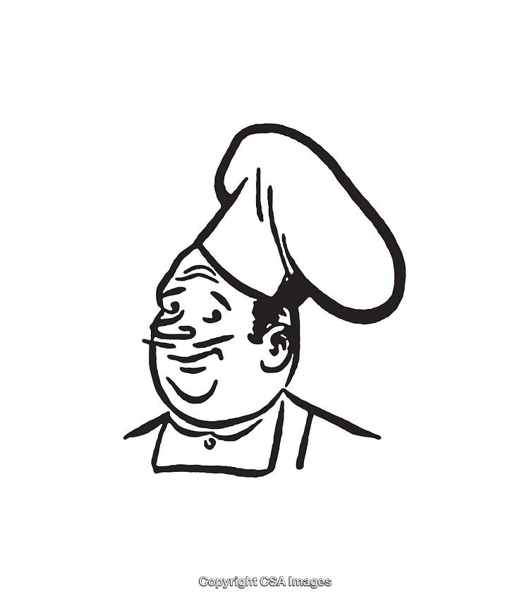Black And White Illustration of a Happy Chef Wearing a Traditional Hat