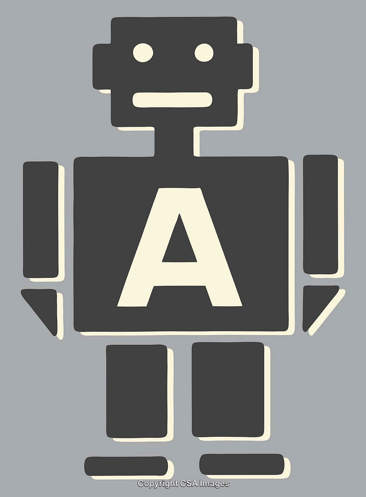 Minimalistic Cartoon Robot Illustration with Letter A Design on a Gray Background
