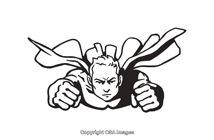 Illustration of Superhero Flying With a Flowing Cape in Black and White