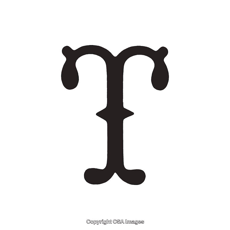 Stylized Black Letter T in Decorative Typography on White Background