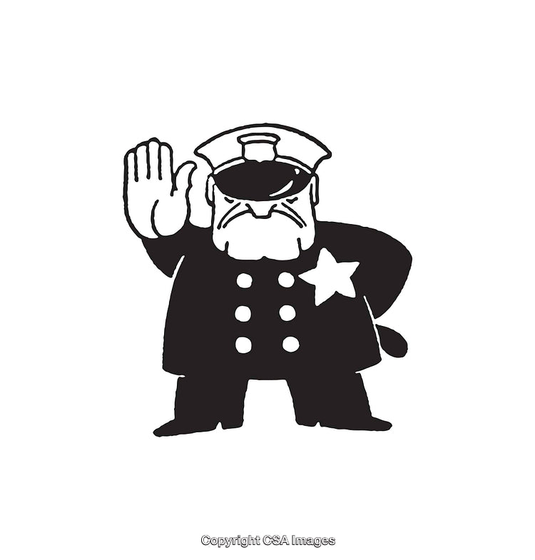 Cartoon Style Police Officer Illustration Showing a Halt Gesture