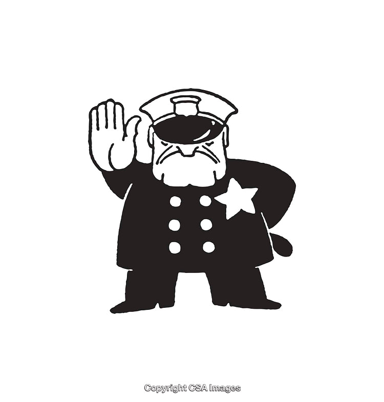 Cartoon Style Police Officer Illustration Showing a Halt Gesture