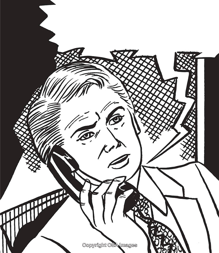 Black and White Illustration of a Concerned Businessman on the Phone