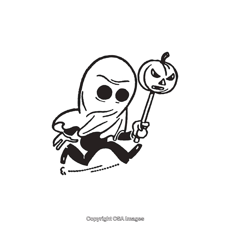 Vintage Styled Black and White Specter Holding a Jack-o'-Lantern