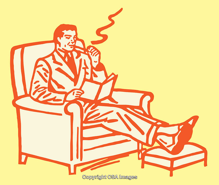 Retro Illustration of Man Relaxing in Chair While Reading a Book