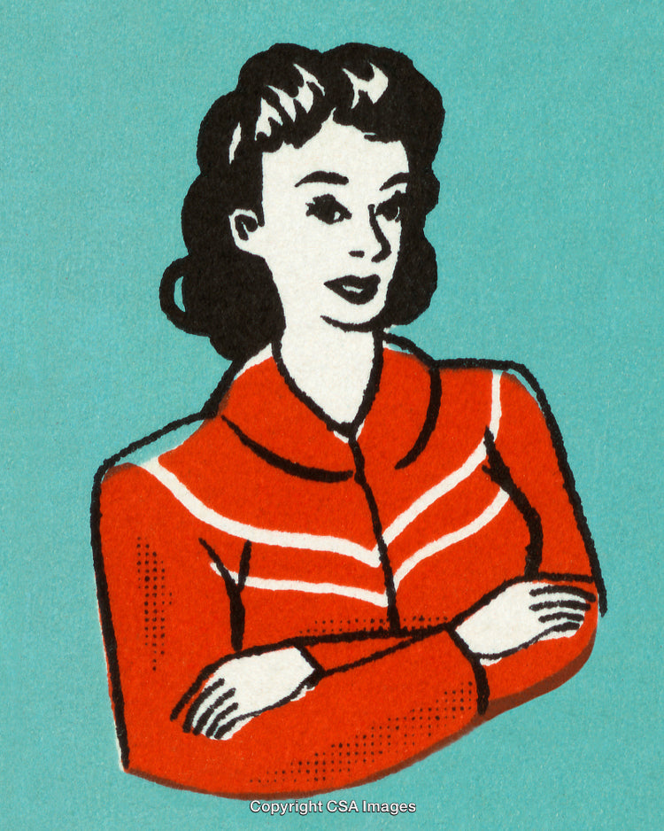 Vintage Illustration of a Woman in a Red Shirt on a Bold Blue Background