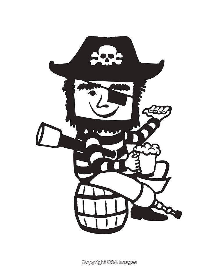 Pirate Cartoon Character Sitting on Barrel with Beverage in Hand