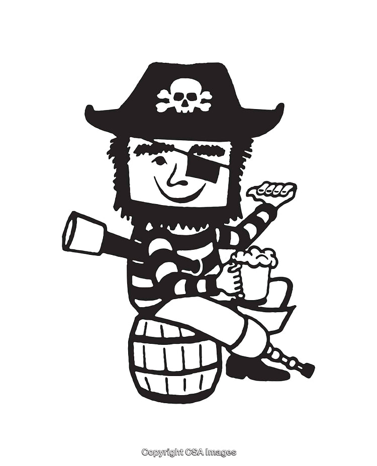 Pirate Cartoon Character Sitting on Barrel with Beverage in Hand