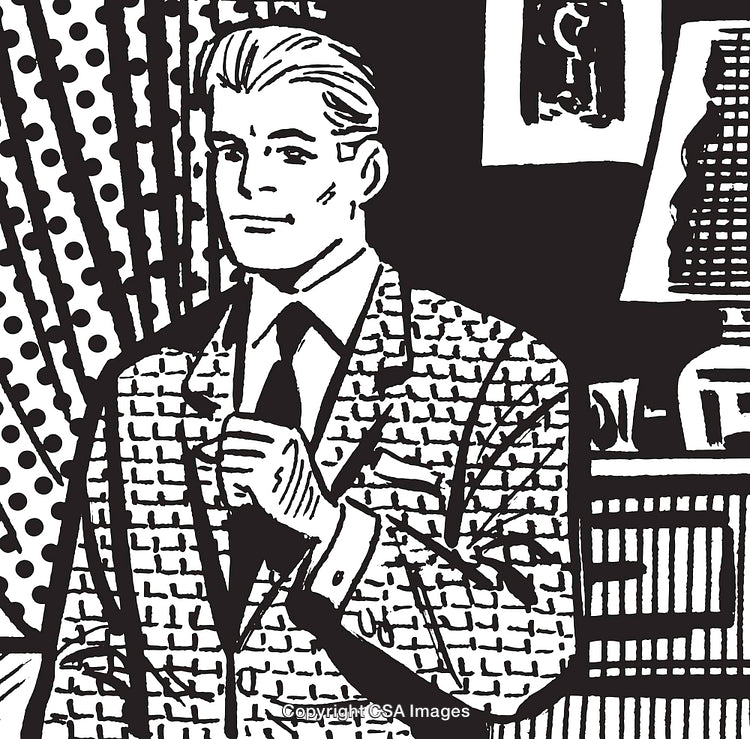 Retro Styled Businessman Illustrated in Black and White with Vintage Geometric Pattern