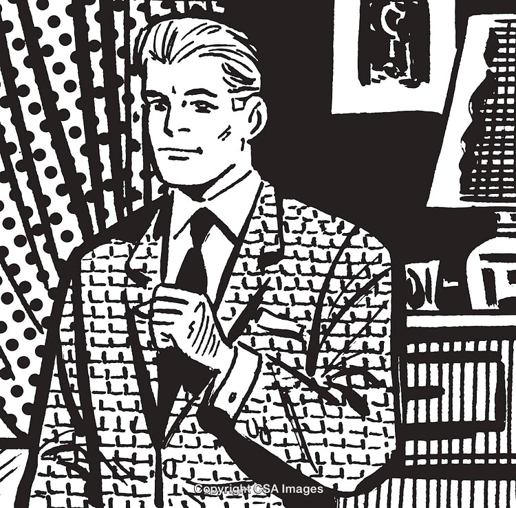 Retro Styled Businessman Illustrated in Black and White with Vintage Geometric Pattern