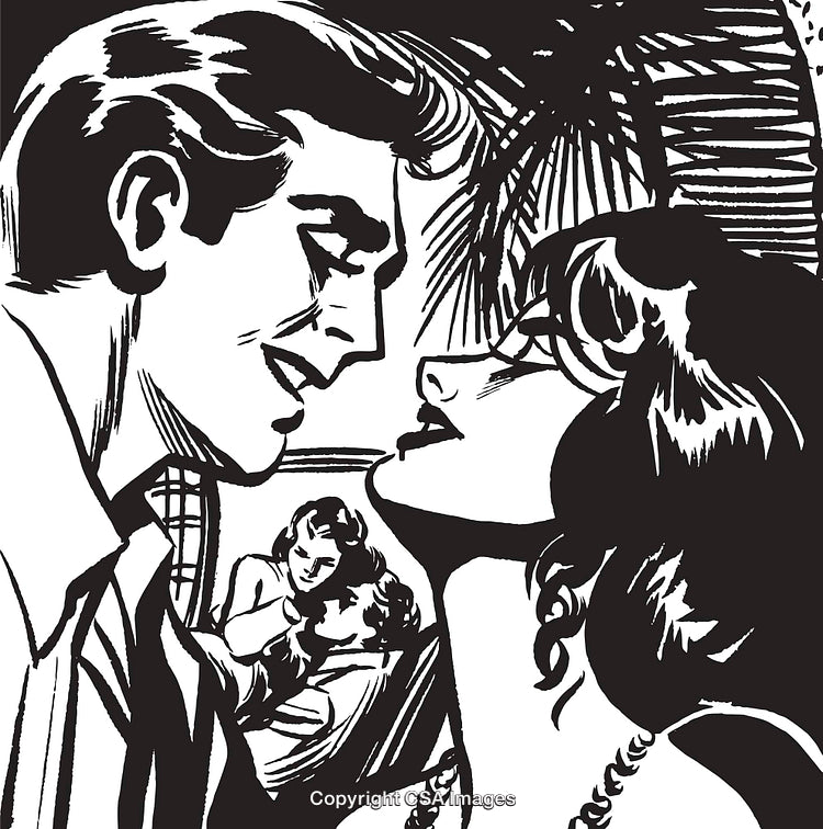 Vintage Romantic Illustration Depicting Passionate Moment in Classic Comic Style