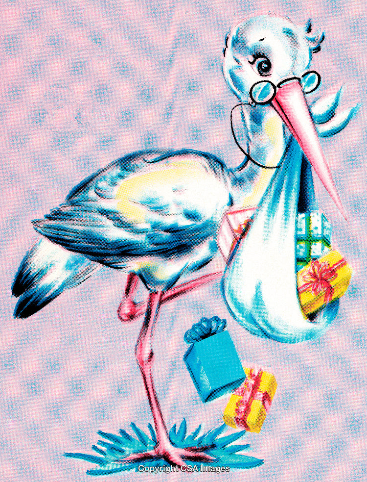 Colorful Illustration of a Stork with Gifts and Baby Bundle