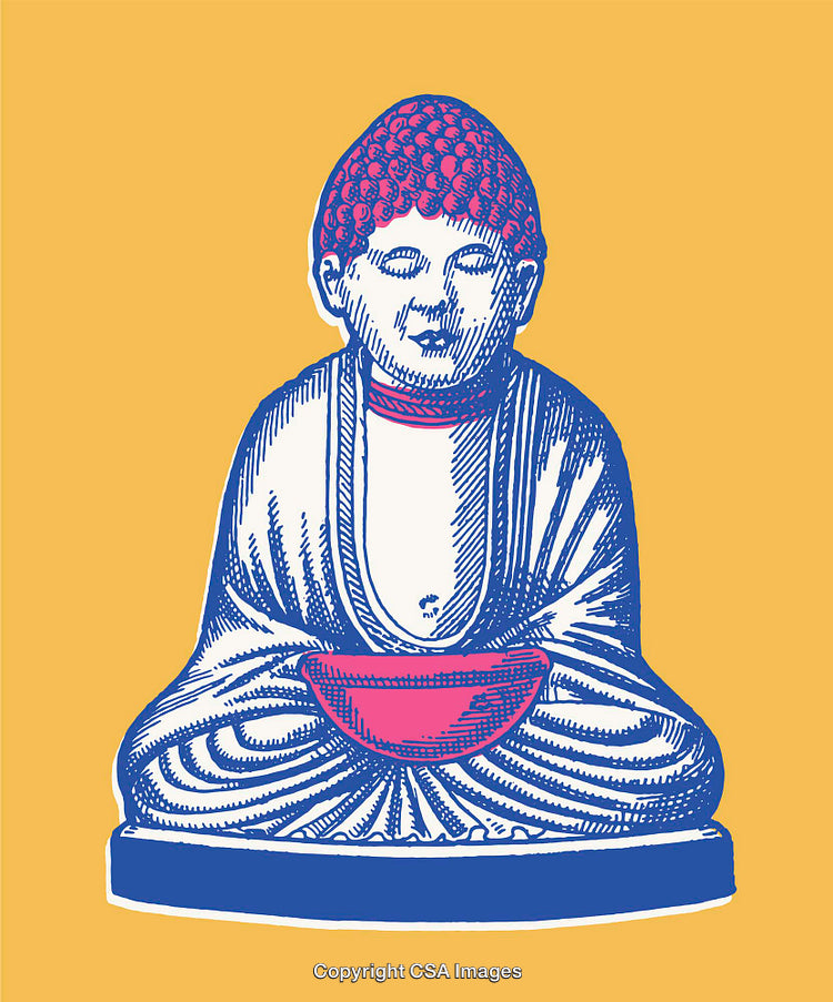 Colorful Buddha Line Art Illustration on a Vibrant Yellow Background