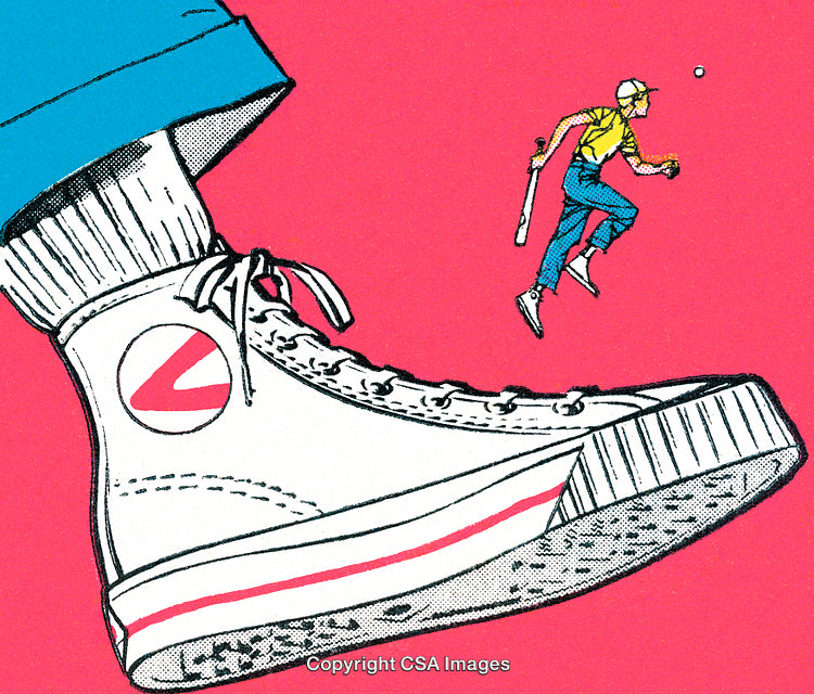 Surreal Artwork Featuring Sports Concept with Oversized Sneaker and Baseball Player