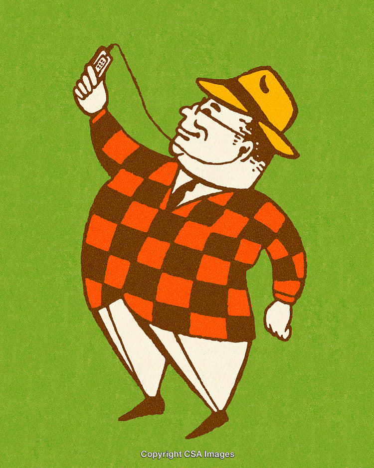 Cartoon Illustration of Smiling Man in Plaid Outdoors with Green Background